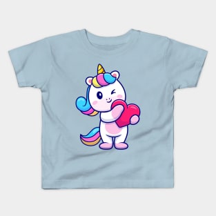 Cute Unicorn Holding Heart Cartoon Kids T-Shirt